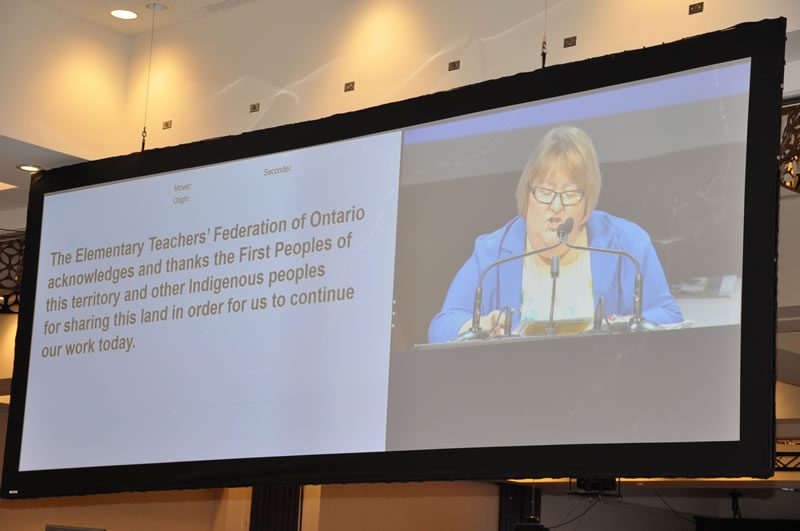 Morley opens the meeting with the reading of ETFO's Human Rights & FNMI Statements.